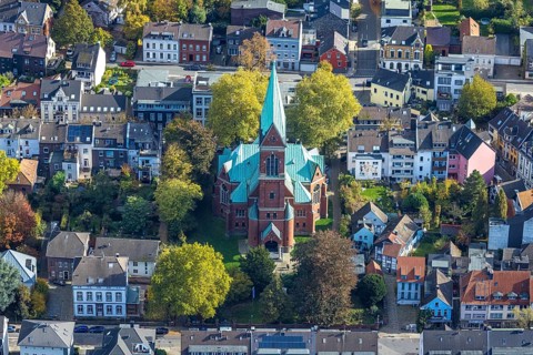 Aerial view, church Werden und Wohnhäuser, Werden, Essen, Ruhr region, North Rhine-Westphalia,
