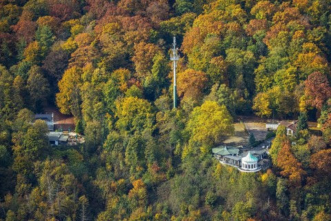 Aerial view, Villa Vue restaurant and round bay window in autumn forest, radio tower, Bredeney,