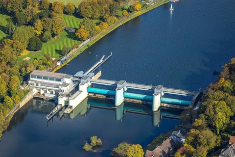 Aerial view, Lake Baldeney with dam RWE hydroelectric power plant Baldeney, Werden, Essen, Ruhr