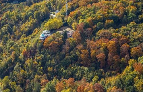 Aerial view, Villa Vue restaurant in autumn forest, Bredeney, Essen, Ruhr area, North