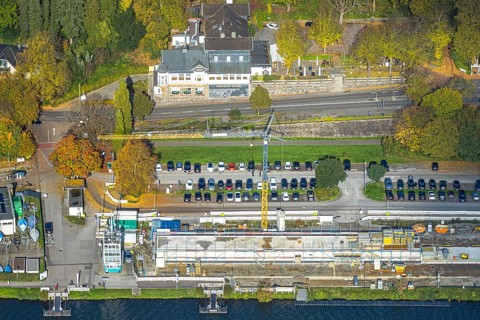 Aerial view, construction site with new regatta track for new regatta stand, hotel parking garage
