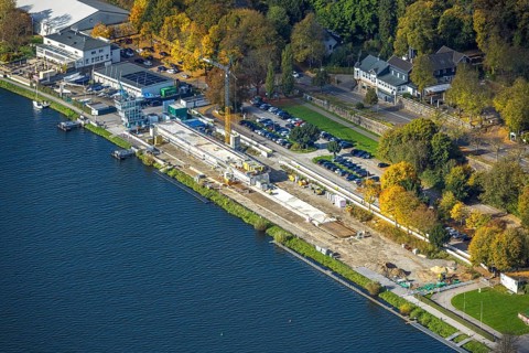 Aerial view, construction site with new regatta track for new regatta stand, Hotel Parkhaus Hügel,