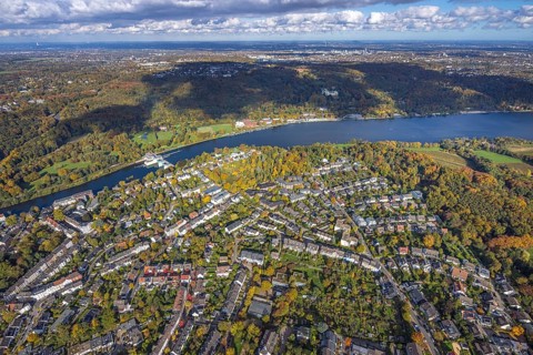 Aerial view, town view of Werden district, Lake Baldeney with dam RWE hydroelectric power plant