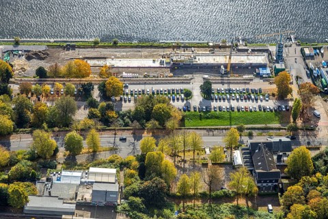Aerial view, construction site with new regatta track for new regatta stand, fishing lake, Essen,