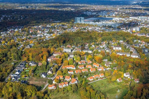 Aerial view, Krupp Siedlung Brandenbusch residential area with red roofs, Diakoniewerk Essen Ev.