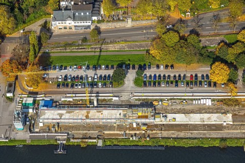 Aerial view, construction site with new regatta track for new regatta stand, hotel parking garage