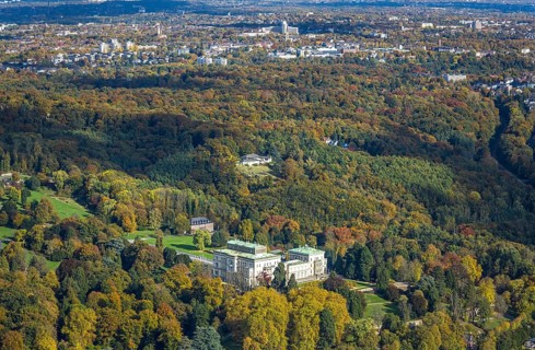 Aerial view, Villa Hügel and Hügelpark with autumnal Krupp forest, former home of the Krupp