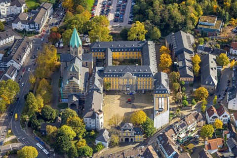 Aerial view, Catholic Basilica of St. Ludgerus and Folkwang University of Arts, construction site