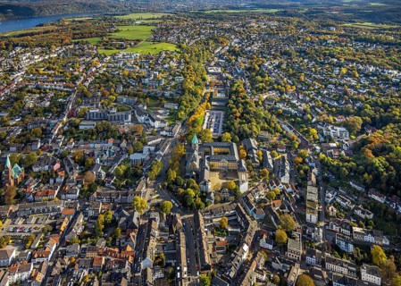 Aerial view, Catholic Basilica of St. Ludgerus and Folkwang University of Arts, St. Josef Hospital