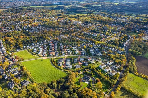Aerial view, residential area and new housing development on Barkhover Feldweg, town view