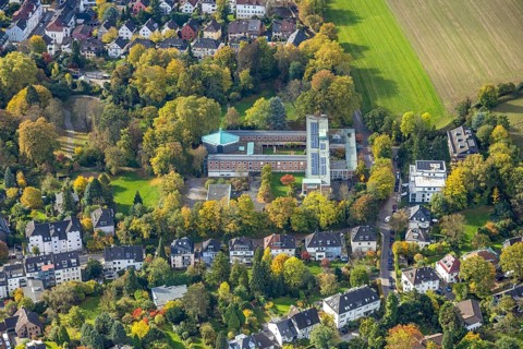 Aerial view, Cardinal Hengsbach House, seminary and conference house, Werden, Essen, Ruhr region,