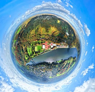 Aerial view, Lake Baldeney with dam RWE hydroelectric power plant Baldeney, golf course ETUF e.V.