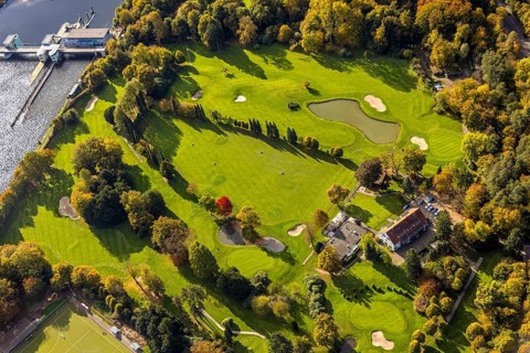 Aerial view, Golfriege ETUF e.V. golf course at Lake Baldeney, trees in autumn colors, Bredeney,