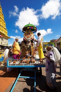Puja at the Chamundeswar Hindu Temple on Chamundi Hill, Hindu monks prepare the chariot with the
