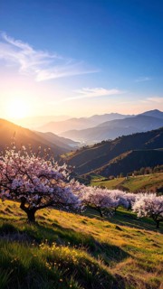 Landscape with a blooming apricot tree, idilyc spring nature, green grass and mountains in