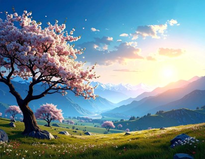 Landscape with a blooming apricot tree, idilyc spring nature, green grass and mountains in