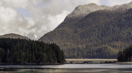 A panoramic view of mountains and forest surrounding a tranquil lake under an overcast sky in