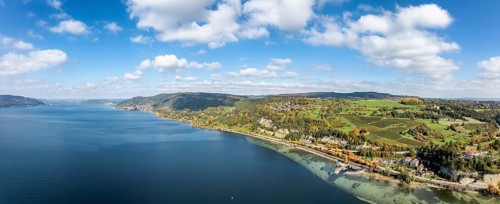 Aerial view, panorama of Lake Constance, Überlinger See, surrounded by autumn vegetation with the