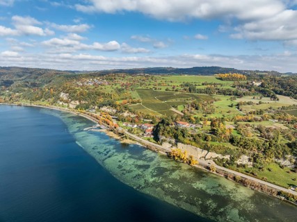 Aerial view of Lake Constance with the village of Hödingen, above Überlingen, surrounded by autumn