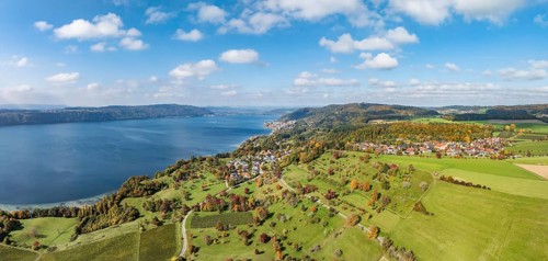 Aerial view, panorama of Lake Constance, Überlinger See, surrounded by autumn vegetation with the
