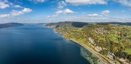 Aerial view, panorama of Lake Constance, Überlinger See, surrounded by autumn vegetation with the