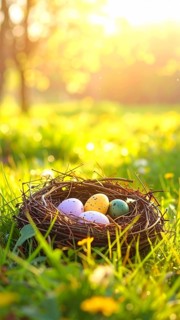 Nest with easter eggs in a basket on grass, sunny spring day, fresh beautiful landscape at