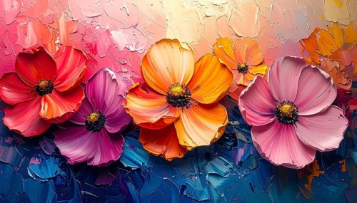 Closeup of abstract rough colorful multicolored organic floral spring flowers art painting texture,