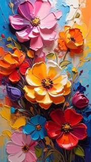 Closeup of abstract rough colorful multicolored organic floral spring flowers art painting texture,