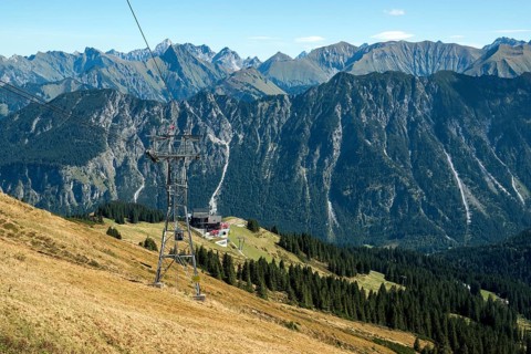 View from the Fellhorn cable car of the Allgäu Alps, Mitte Station Schlappoldsee, Oberstdorf,