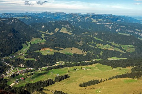 View of Riezlern and Kleinwalsertal from the Fellhorn, back mountains of the Allgäu Alps,