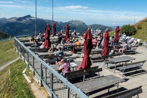 Terrace of the Fellhornbahn summit station restaurant, back mountains of the Allgäu Alps, Hoher