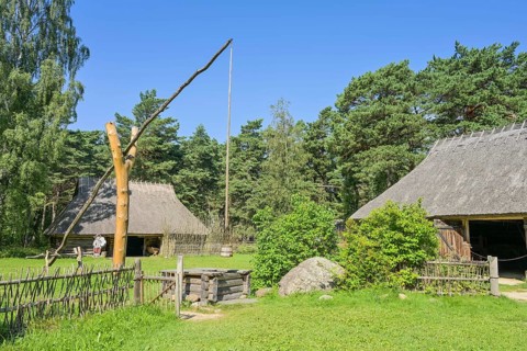 Farmhouse, thatched roof, fountain, Estonian Open Air Museum, Rocco al Mare, Tallinn, Estonia