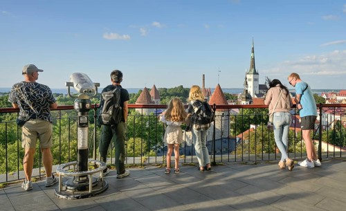 Tourists, Patkuli observation deck, city panorama, view of the old town, Tallinn, Estonia