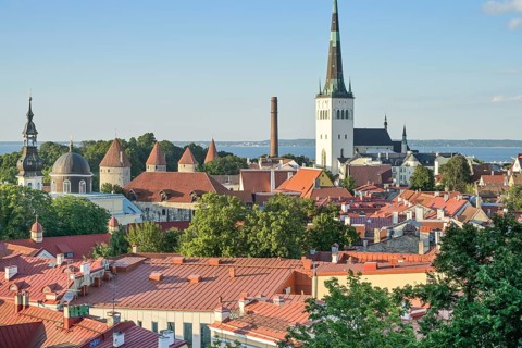 City panorama, St. Olaf's Church tower, view of the old town, Tallinn, Estonia