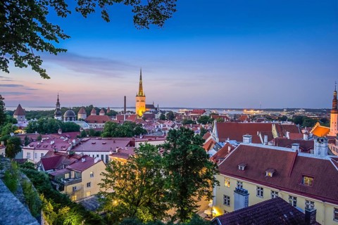 Evening city panorama, St. Olaf's Church in the middle, view of the old town, Tallinn, Estonia
