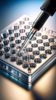 A micropipette targets a glossy multiwell plate under cool blue light, highlighting precision and