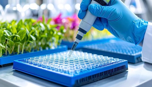 Pipetting beside trays of young plants, merging laboratory precision with agriculture, Pipette