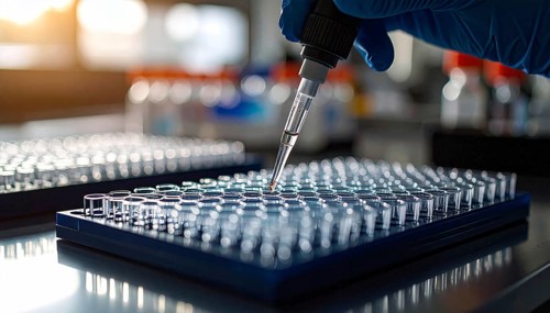 Pipette hovers over a dark blue assay plate amid blurred reagent bottles, Pipette dispensing a