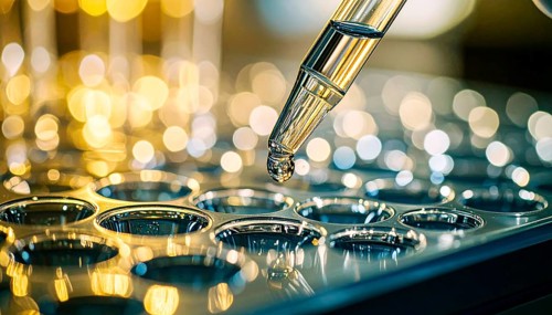 Sparkling bokeh surrounds a pipette droplet above reflective wells, Pipette dispensing a liquid