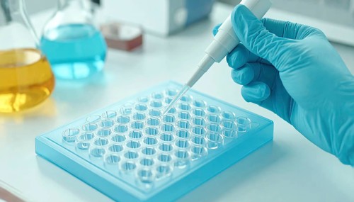 Pipette targets a blue microplate on a bright, tidy bench with colored flasks, Pipette dispensing a
