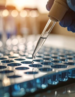 Clear reagent droplet nears blue-filled wells in warm laboratory light, controlled and calm,