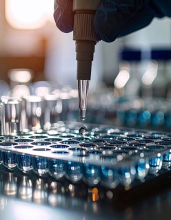A gloved hand guides a pipette above blue-filled wells in gentle backlight, Pipette dispensing a
