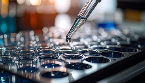Shiny pipette tip releases a droplet over a dark, reflective microplate, Pipette dispensing a