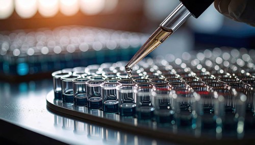 Amber droplet hovers above blue wells under warm light, careful dosing in progress, Pipette