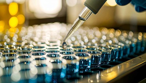 Droplet descends toward blue-filled wells amid warm bokeh glow, precise lab moment, Pipette