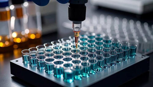 Automated pipette delivers reagent into a teal-filled 96-well plate, focused high-tech lab scene,