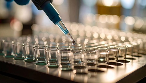 Single droplet hangs over a row of wells in warm, late-day lab light, Pipette dispensing a liquid