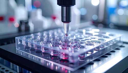 Dark red drop approaches clear wells amid cool, precise laboratory ambience, Pipette dispensing a