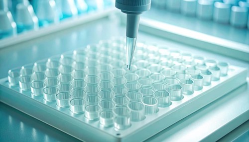 Minimal, high-key lab scene with a droplet descending toward pale mint wells, Pipette dispensing a