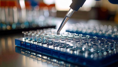 Drop suspended above a blue microplate amid moody lab bokeh, Pipette dispensing a liquid onto a